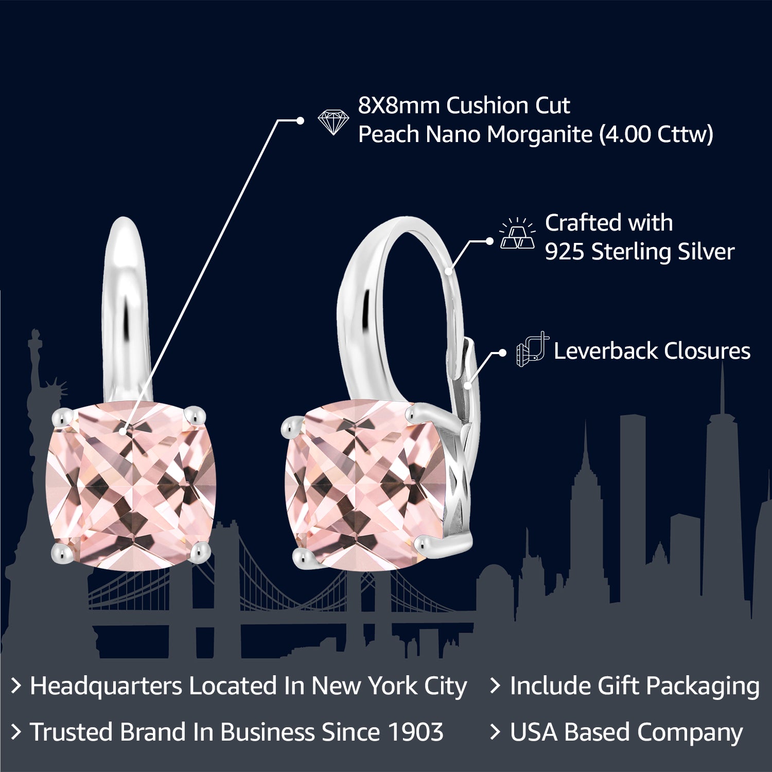 4.00 Cttw Peach Nano Morganite Earrings For Women In 925 Sterling Silver | Gemstone Birthstone | Cushion 8MM