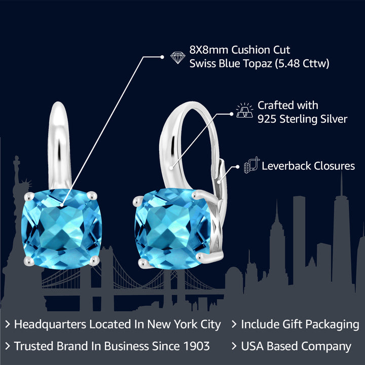 925 Sterling Silver Swiss Blue Topaz Earrings For Women | 5.48 Cttw | Gemstone Birthstone | Cushion Cut 8MM