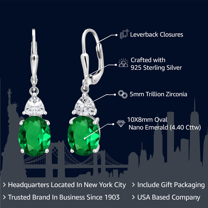 925 Sterling Silver Green Nano Emerald and White Zirconia Dangle Earrings For Women (4.40 Cttw, Gemstone May Birthstone, Oval 10X8MM, Trillion 5MM)