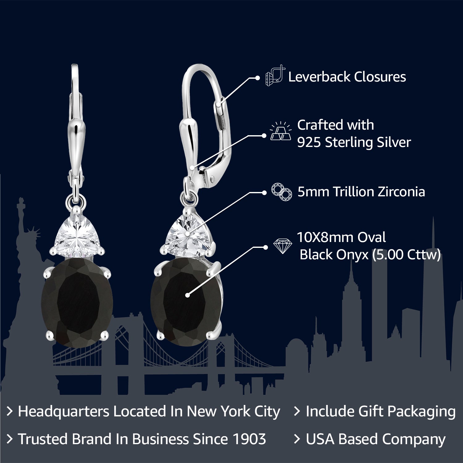 925 Sterling Silver Black Onyx and White Zirconia Dangle Earrings For Women (5.00 Cttw, Gemstone December Birthstone, Oval 10X8MM, Trillion 5MM)