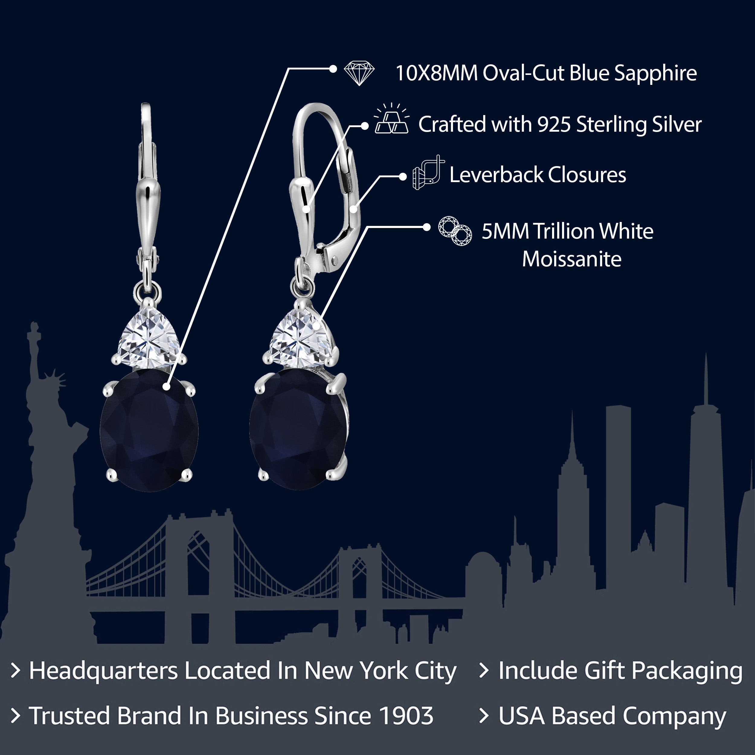 925 Sterling Silver Blue Sapphire and White Moissanite Dangle Earrings For Women (6.94 Cttw, Gemstone September Birthstone, Oval 10X8MM, Trillion 5MM)