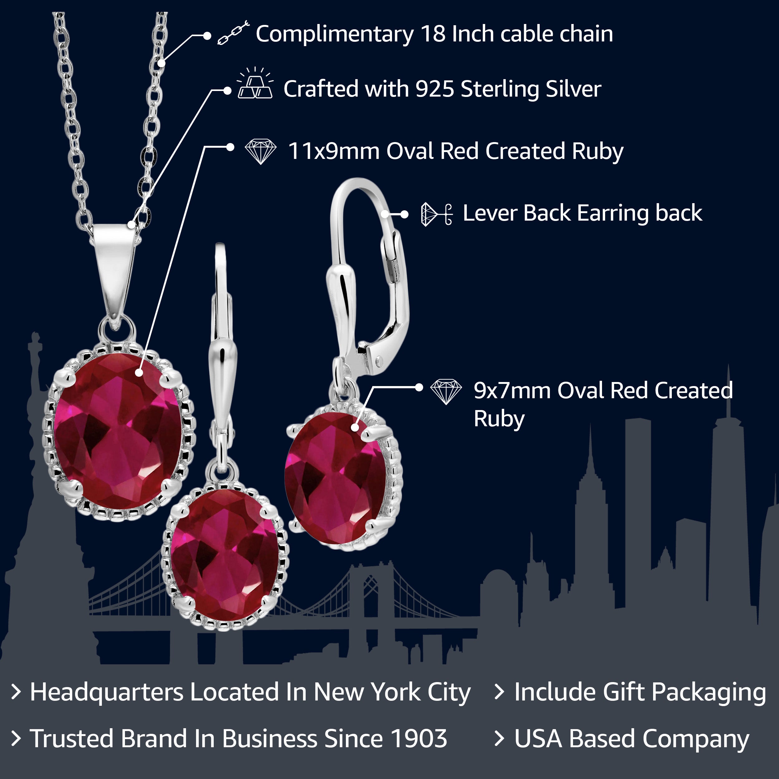 925 Sterling Silver Red Created Ruby Pendant and Earrings Jewelry Set For Women (8.00 Cttw, Oval 11X9MM and 9X7MM, with 18 Inch Silver Chain)