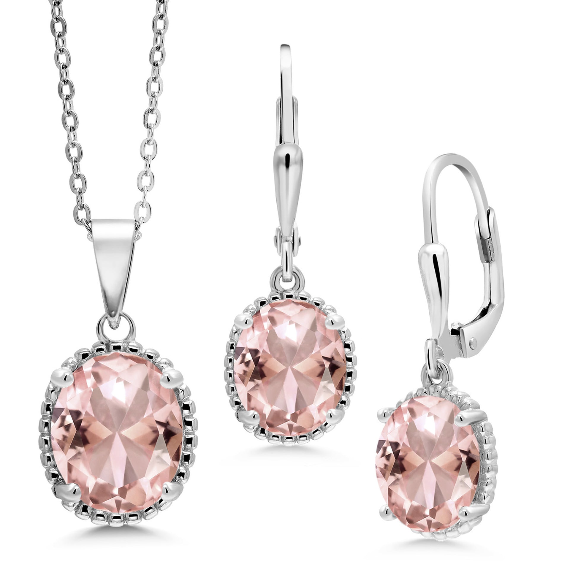 925 Sterling Silver Peach Nano Morganite Pendant and Earrings Jewelry Set For Women (7.88 Cttw, Oval 11X9MM and 9X7MM, with 18 Inch Chain)