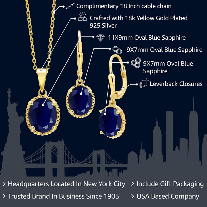 18K Yellow Gold Plated Silver Blue Sapphire Pendant and Earrings Jewelry Set For Women (10.00 Cttw, Oval Gemstone Birthstone, with 18 Inch Chain)