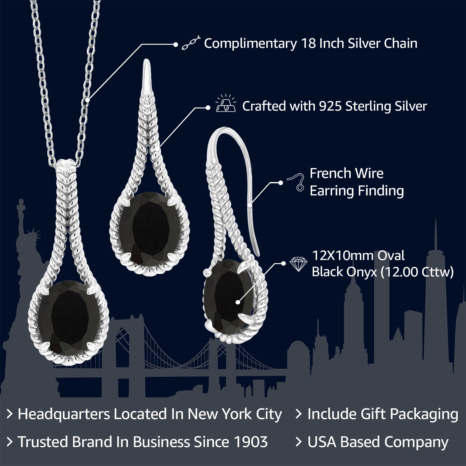 12.00 Cttw Oval Black Onyx Pendant and Earrings Jewelry Set For Women In 925 Sterling Silver | Gemstone Birthstone I Oval 12X10MM | With 18 Inch Chain