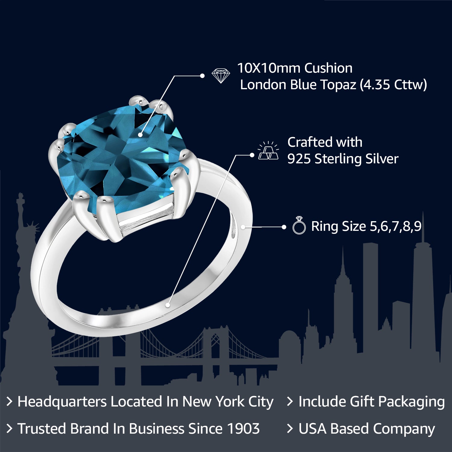 4.35 Cttw London Blue Topaz Engagement Double Prong Ring For Women In 925 Sterling Silver | 10MM Cushion Cut | Gemstone Birthstone | Available In Size 5, 6, 7, 8, 9