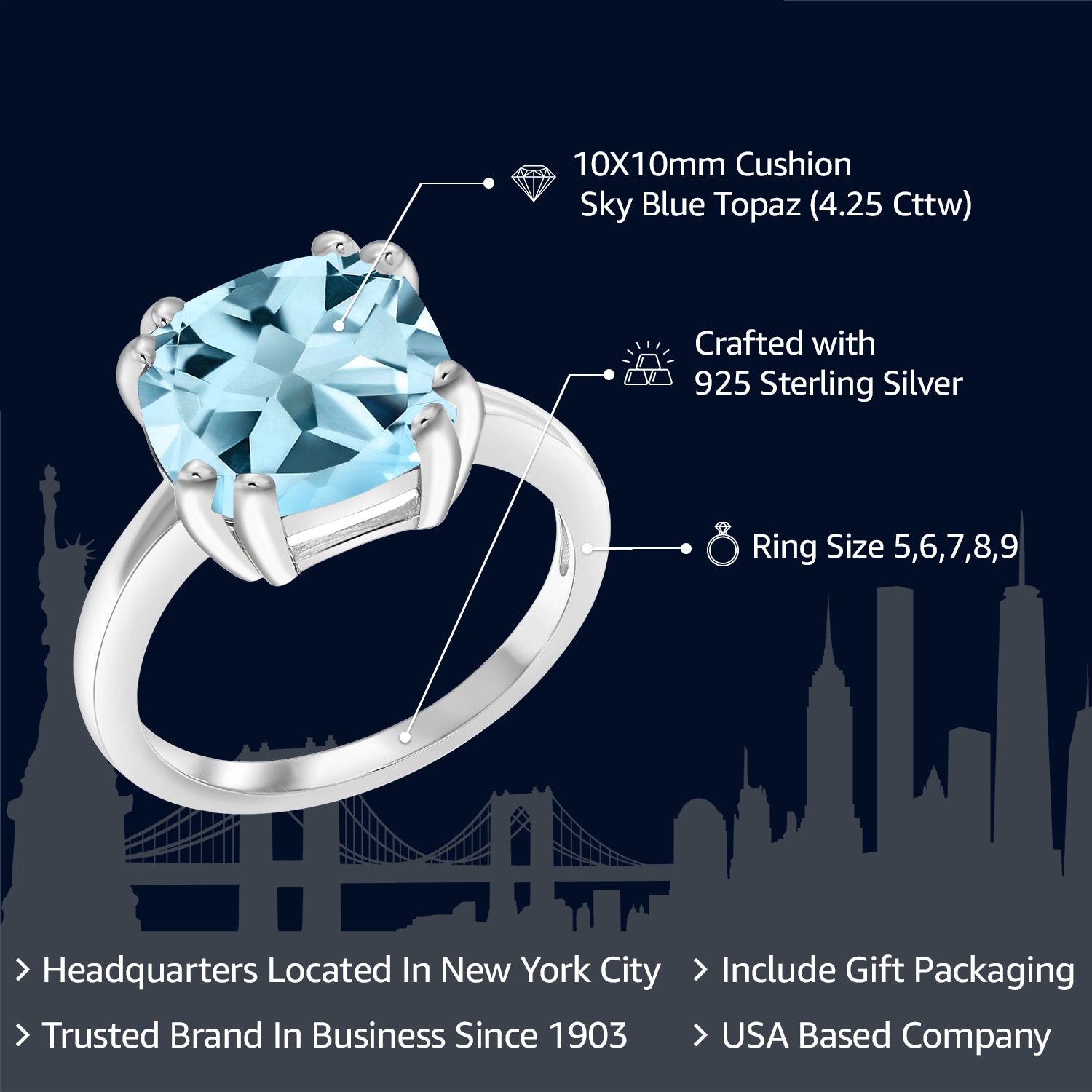 925 Sterling Silver Sky Blue Topaz Engagement Ring | Double Prong Ring for Women | 4.25 Cttw | Cushion Cut 10MM | Gemstone Birthstone | Available in size 5, 6, 7, 8, 9