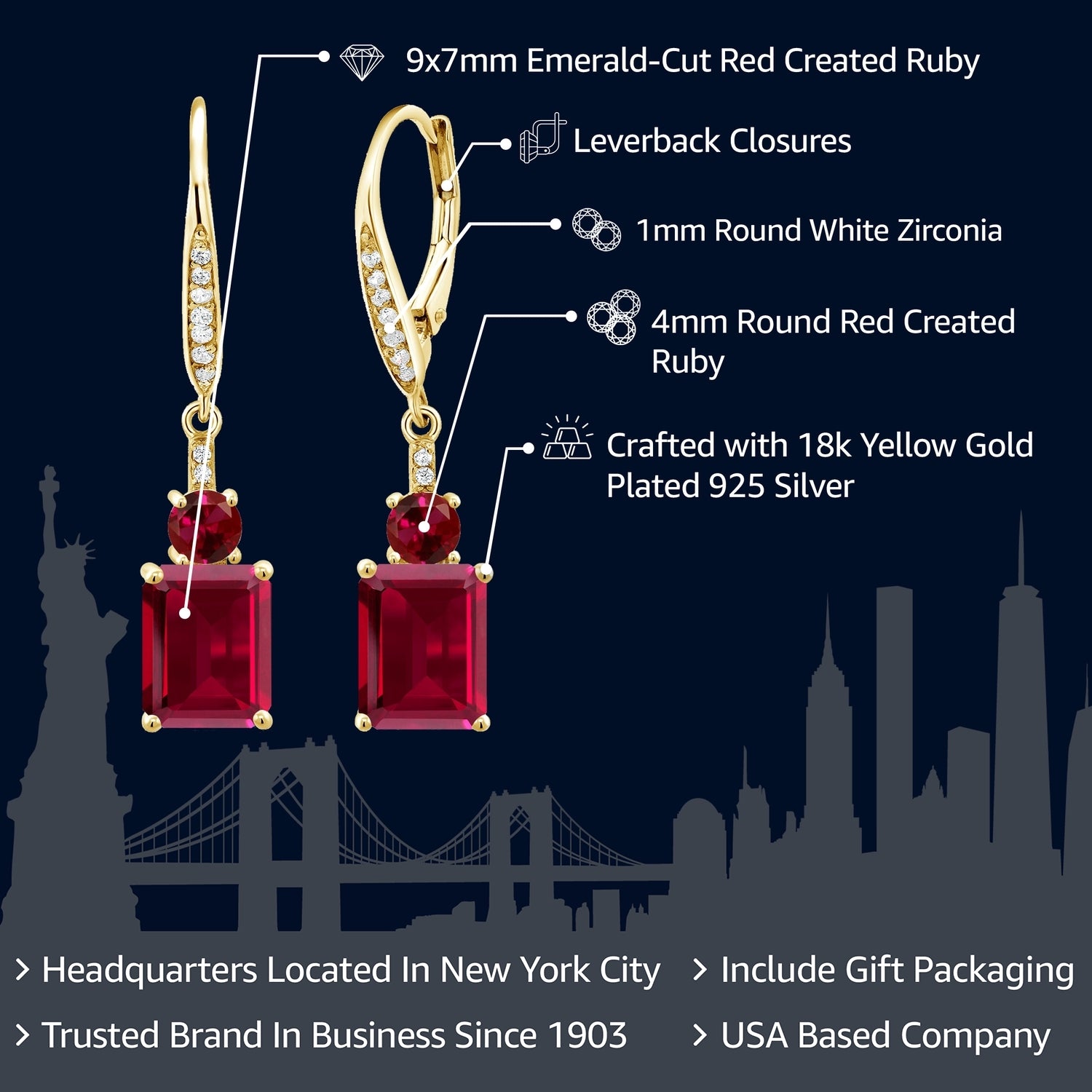 18K Yellow Gold Plated Silver Red Created Ruby Dangle Earrings For Women (6.10 Cttw, Gemstone July Birthstone, Emerald Cut 9X7MM)