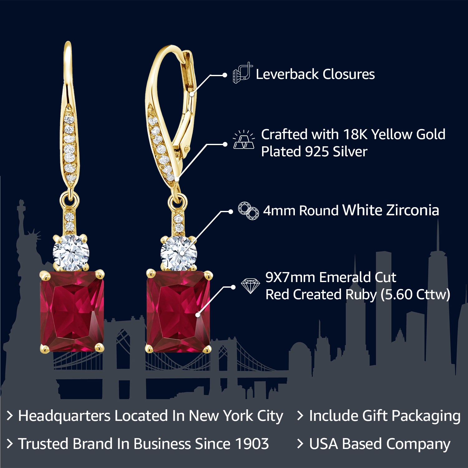 18K Yellow Gold Plated Silver Red Created Ruby Dangle Earrings For Women (5.60 Cttw, Gemstone July Birthstone, Emerald Cut 9X7MM)