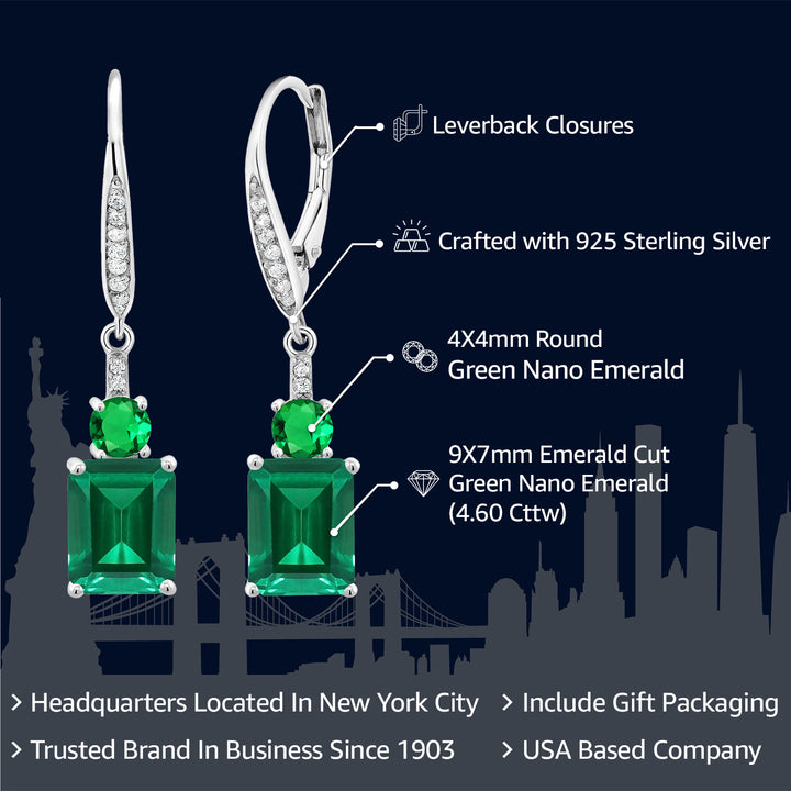 925 Sterling Silver Green Nano Emerald Dangle Earrings For Women (4.60 Cttw, Gemstone May Birthstone, Emerald Cut 9X7MM)