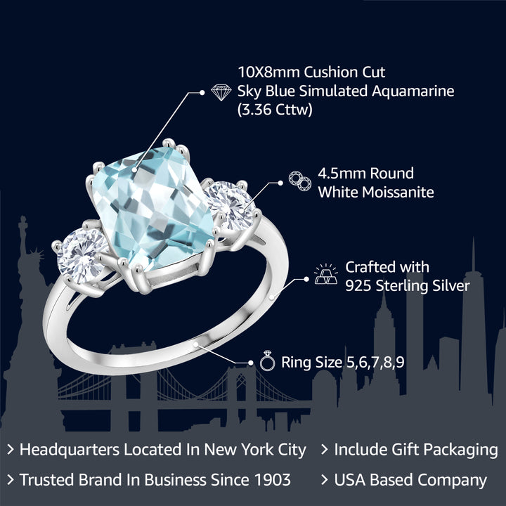 925 Sterling Silver Sky Blue Simulated Aquamarine and White Moissanite 3 Stone Ring For Women (3.36 Cttw, Cushion Cut 10X8MM, Round 4.5MM, Gemstone, Available In Size 5, 6, 7, 8, 9)