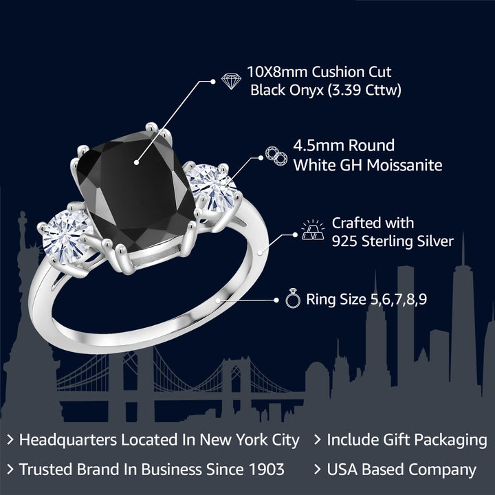 925 Sterling Silver Black Onyx and White Moissanite 3 Stone Ring For Women (3.39 Cttw, Cushion Cut 10X8MM, Round 4.5MM, Gemstone, Available In Size 5, 6, 7, 8, 9)