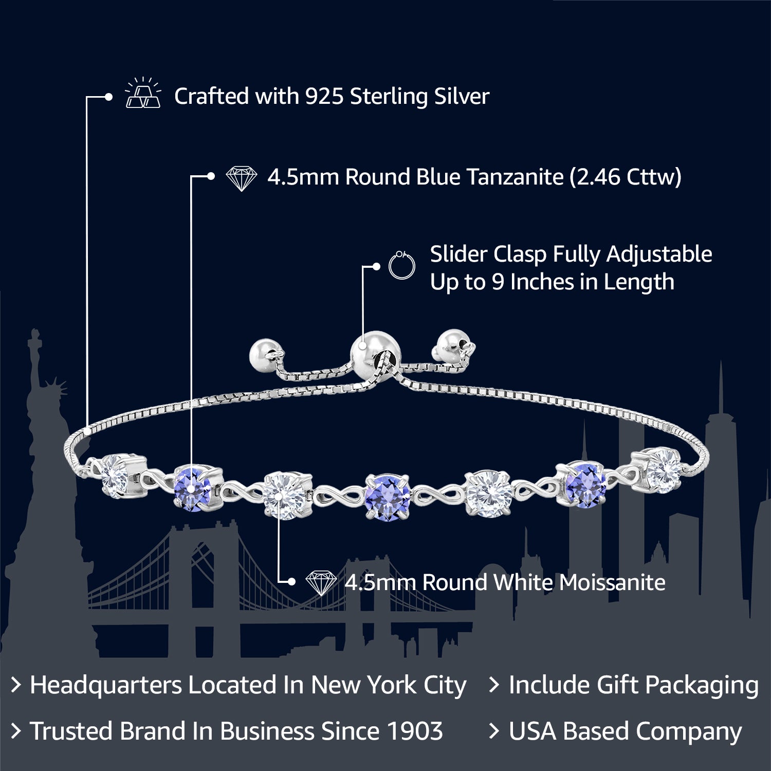 925 Sterling Silver Round White Moissanite and Blue Tanzanite Tennis Bracelet For Women (2.46 Cttw, Gemstone Birthstone, Round 4.5MM, Fully Adjustable Up to 9 Inch)