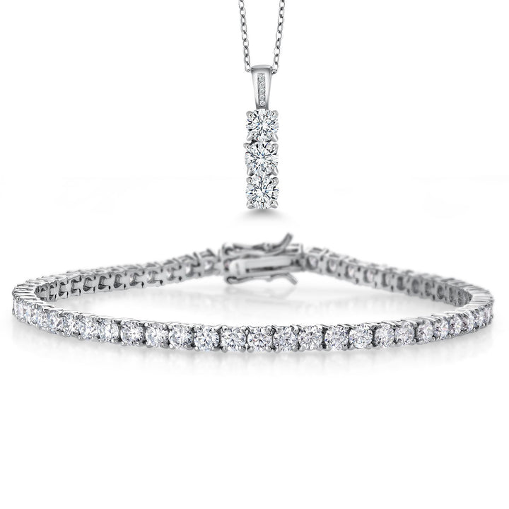 925 Sterling Silver Moissanites Tennis Bracelet Pendant Necklace Set For Women | Bracelet 6.00 Cttw and 3MM Round Stones, 7.25 Inch | Pendant 1.54 Cttw and 5MM Stone with 18 Inch Chain