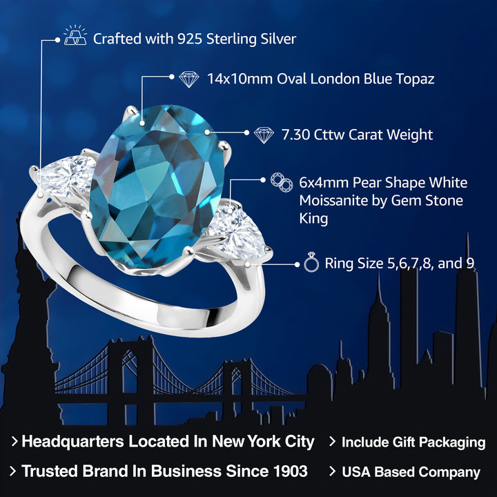 925 Sterling Silver Oval London Blue Topaz and White Moissanite 3 Stone Ring For Women (7.30 Cttw, Gemstone Birthstone, Available In Size 5, 6, 7, 8, 9)