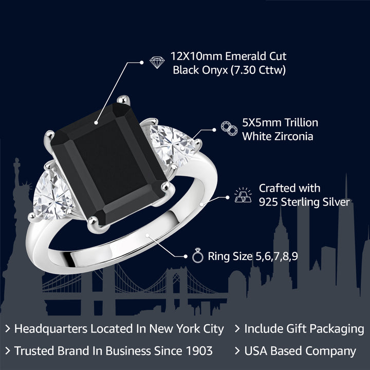 7.30 Cttw Black Onyx 3-Stone Ring For Women In 925 Sterling Silver | Emerald Cut 12X10MM | Trillion 5X5MM | Gemstone December Birthstone | Available in Size 5,6,7,8,9