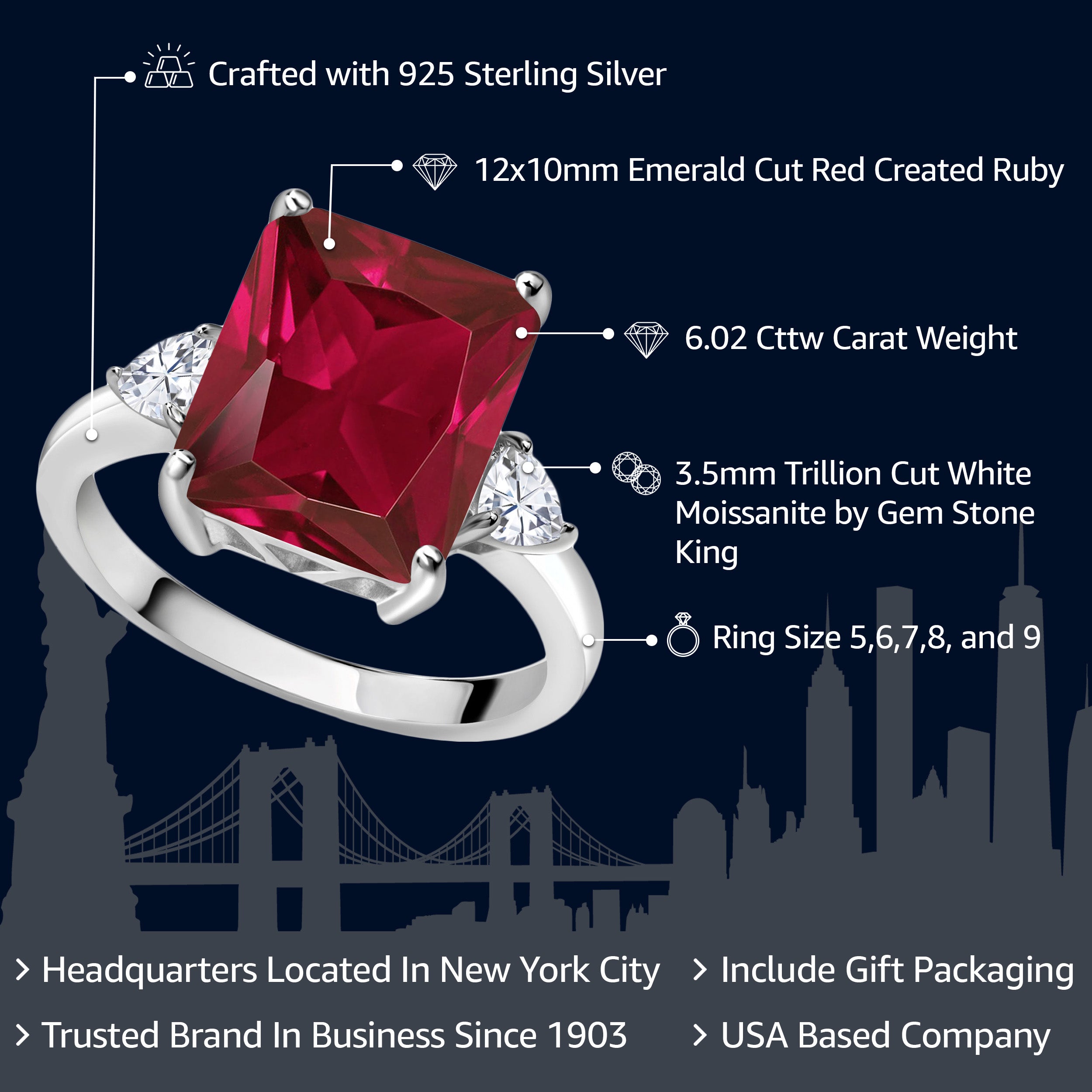 925 Sterling Silver Red Created Ruby and White Moissanite 3 Stone Ring For Women (6.02 Cttw, Emerald Cut 12X10MM, Trillion 3.5MM, Available In Size 5, 6, 7, 8, 9)