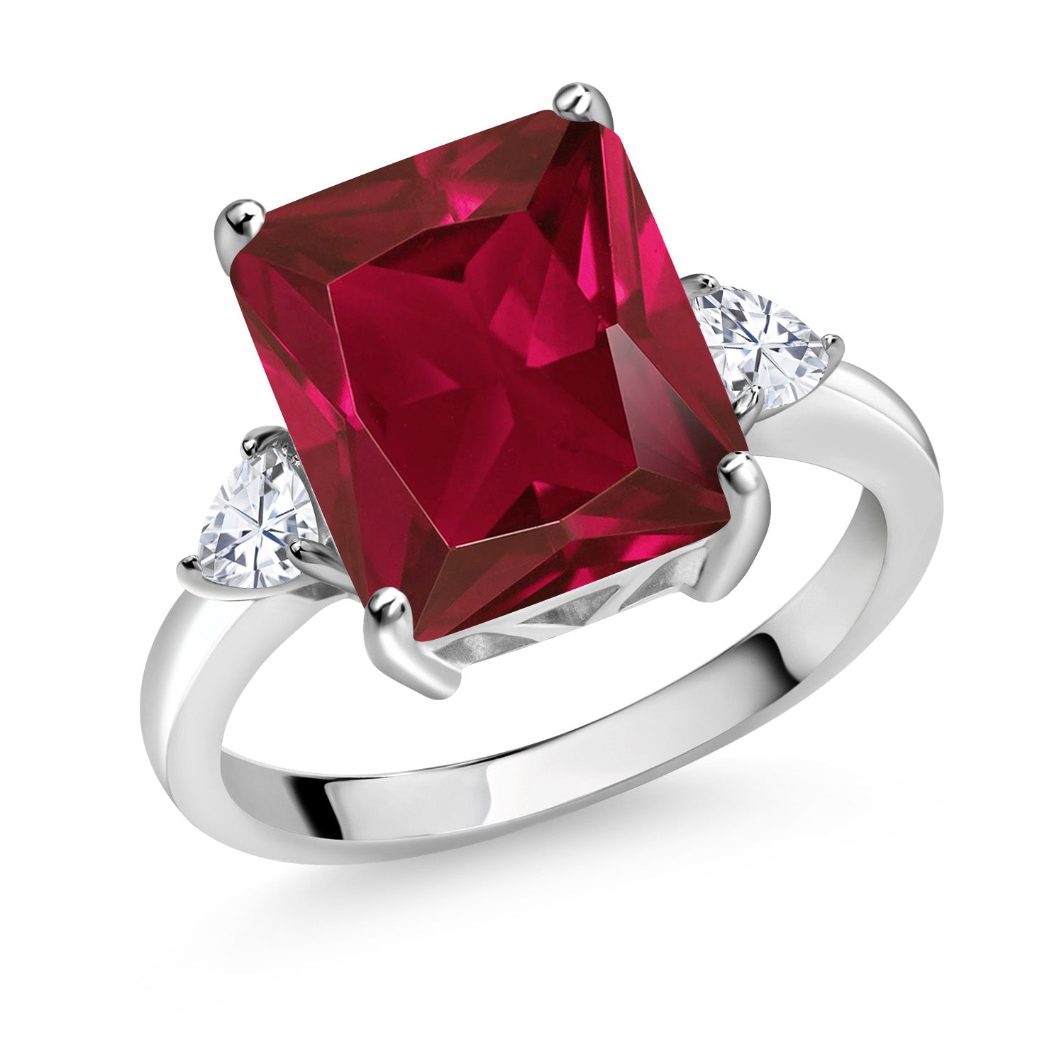 925 Sterling Silver Red Created Ruby and White Moissanite 3 Stone Ring For Women (6.02 Cttw, Emerald Cut 12X10MM, Trillion 3.5MM, Available In Size 5, 6, 7, 8, 9)