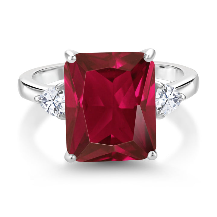 925 Sterling Silver Red Created Ruby and White Moissanite 3 Stone Ring For Women (6.02 Cttw, Emerald Cut 12X10MM, Trillion 3.5MM, Available In Size 5, 6, 7, 8, 9)