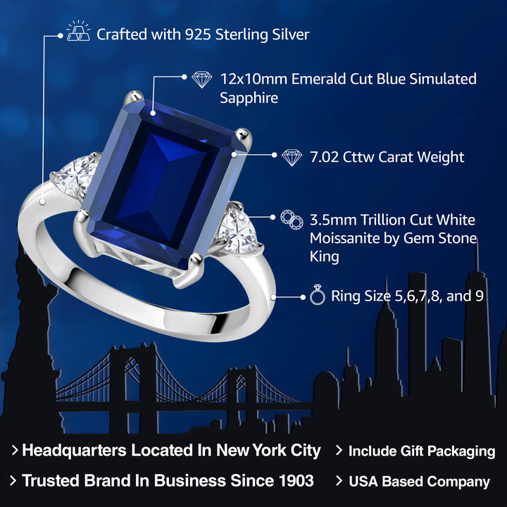 925 Sterling Silver Blue Simulated Sapphire and White Moissanite 3 Stone Ring For Women (7.02 Cttw, Available In Size 5, 6, 7, 8, 9)