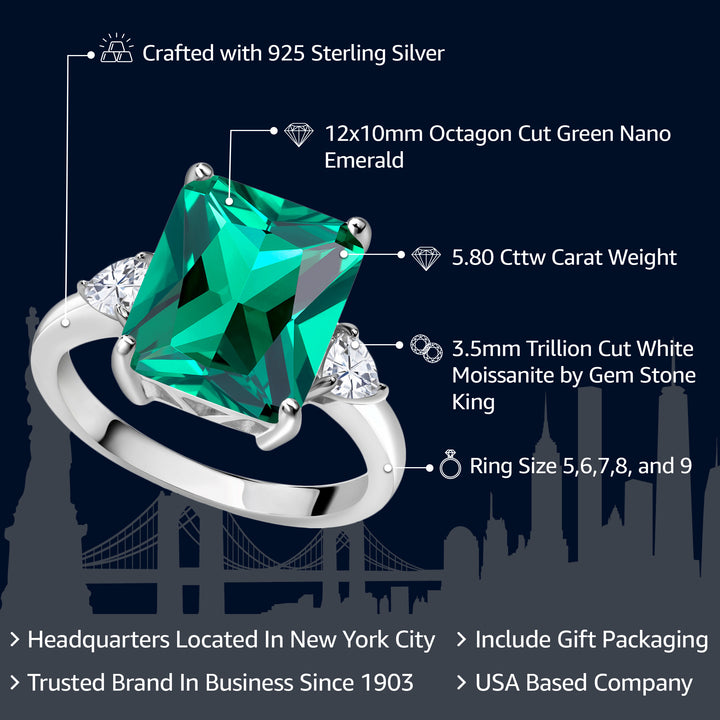 925 Sterling Silver Emerald Cut Green Nano Emerald and White Moissanite 3 Stone Ring For Women (5.80 Cttw, Available In Size 5, 6, 7, 8, 9)