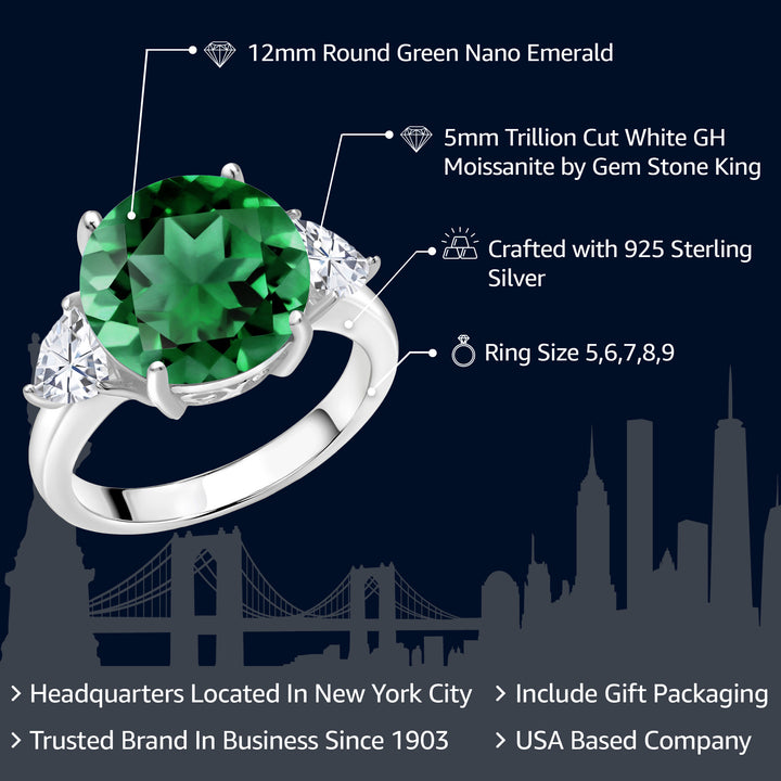 5.94 Cttw Green Nano Emerald and White Moissanite 3-Stone Ring For Women In 925 Sterling Silver | Round 12MM | Trillion 5MM | Available In Size 5, 6, 7, 8, 9