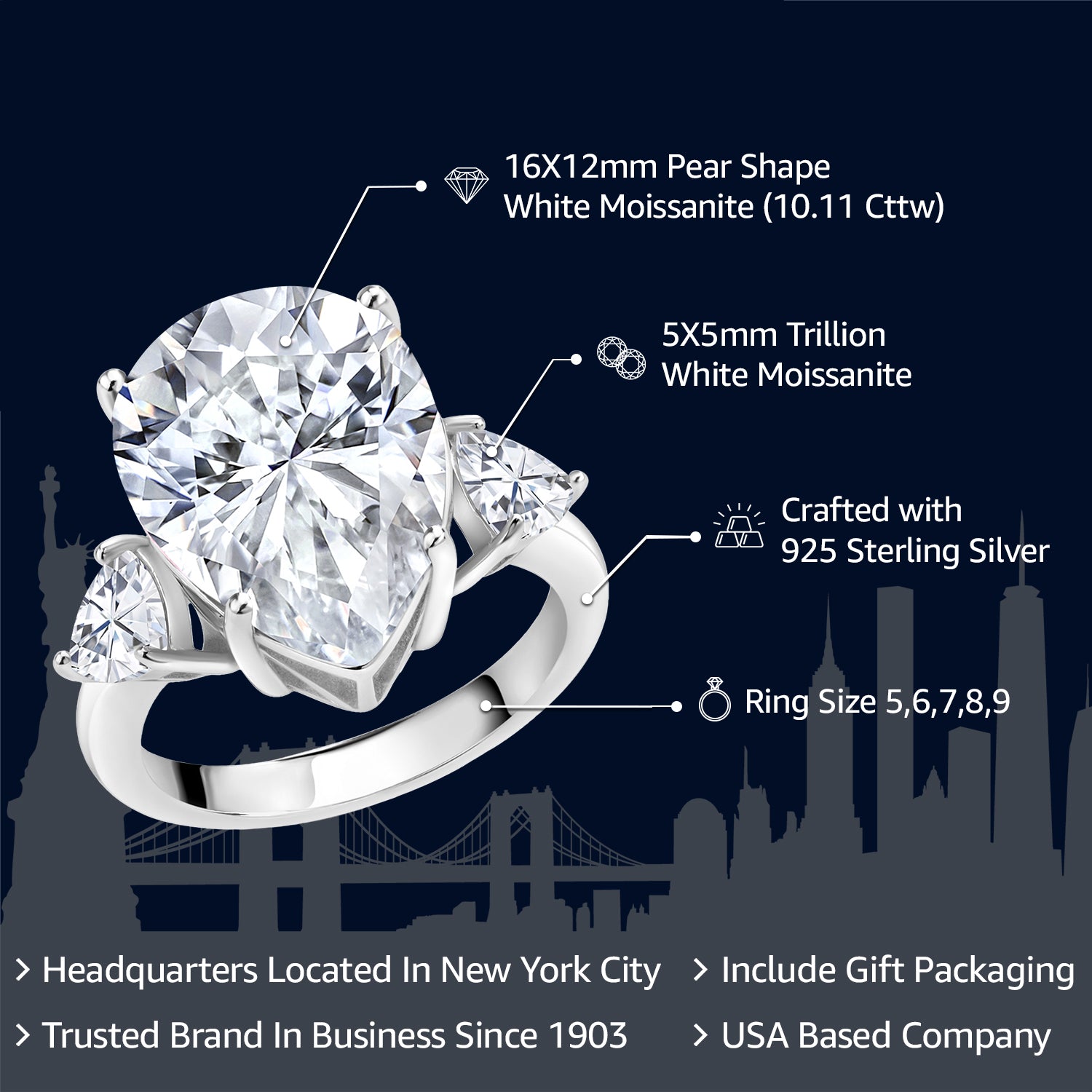 10.11 Cttw Moissanite Ring for Women In 925 Sterling Silver | Pear Shape 16X12MM and 5MM Trillion | Available In Size 5, 6, 7, 8, 9