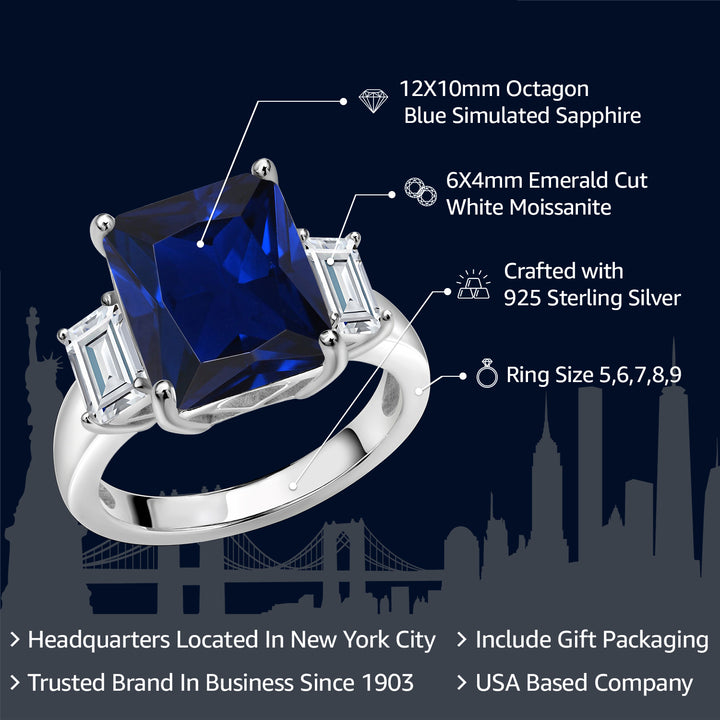 925 Sterling Silver Blue Simulated Sapphire and White Moissanite 3 Stone Women Ring (7.84 Cttw, Gemstone Birthstone, Available In Size 5, 6, 7, 8, 9)