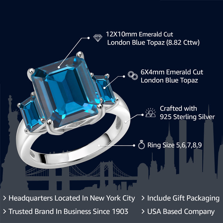 8.82 Cttw London Blue Topaz 3-Stone Ring For Women In 925 Sterling Silver | Gemstone Birthstone | Emerald Cut 12X10MM and 6X4MM | Available In Size 5, 6, 7, 8, 9