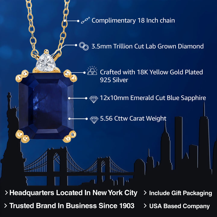 18K Yellow Gold Plated Silver Blue Sapphire and Lab Grown Diamond Pendant Necklace for Women | 5.56 Cttw | Gemstone September Birthstone | Octagon 12X10MM | With 18 Inch Chain