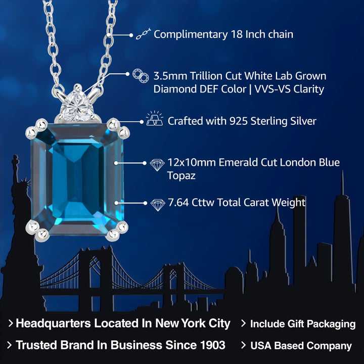 925 Sterling Silver London Blue Topaz and Lab Grown Diamond Pendant Necklace for Women | 7.64 Cttw | Gemstone November Birthstone | Emerald Cut 12X10MM | With 18 Inch Chain