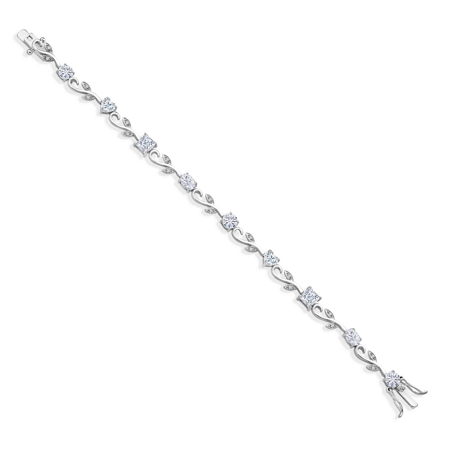 5.03 Cttw 925 Sterling Silver Round Oval Princess and Heart Shape White Moissanite Flower and Leaf Tennis Bracelet For Women | 7.25 Inch