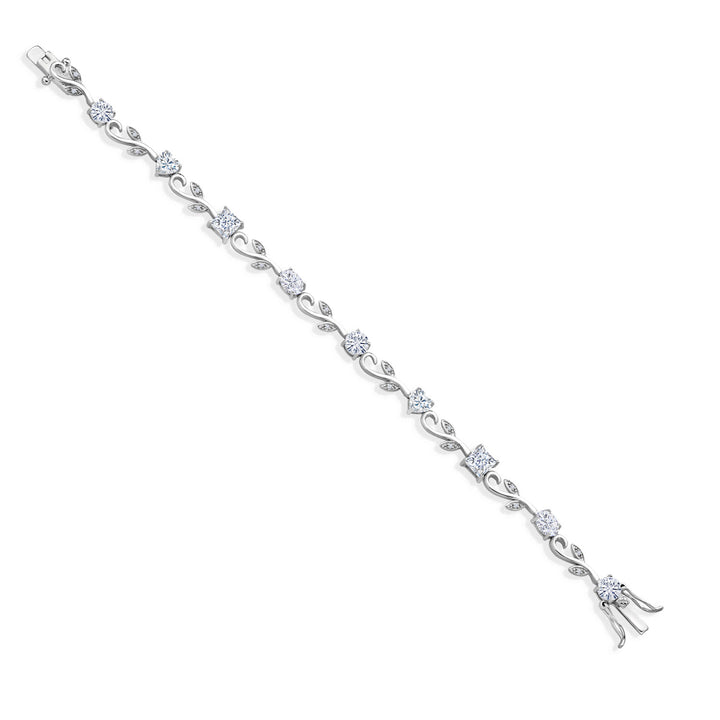 5.03 Cttw 925 Sterling Silver Round Oval Princess and Heart Shape White Moissanite Flower and Leaf Tennis Bracelet For Women | 7.25 Inch