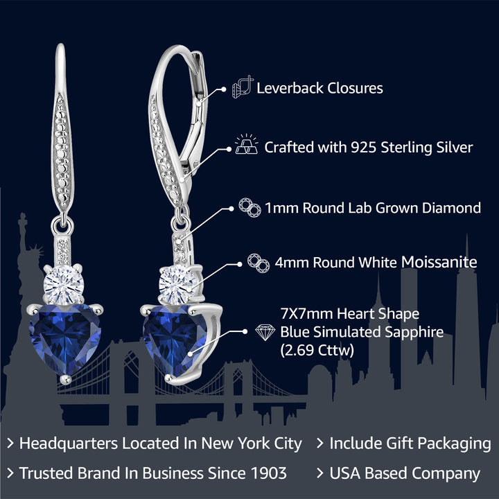 925 Sterling Silver Blue Simulated Sapphire White Moissanite and White Lab Grown Diamond Drop Dangle Earrings For Women (2.69 Cttw, Heart Shape 7MM, Round 4MM)