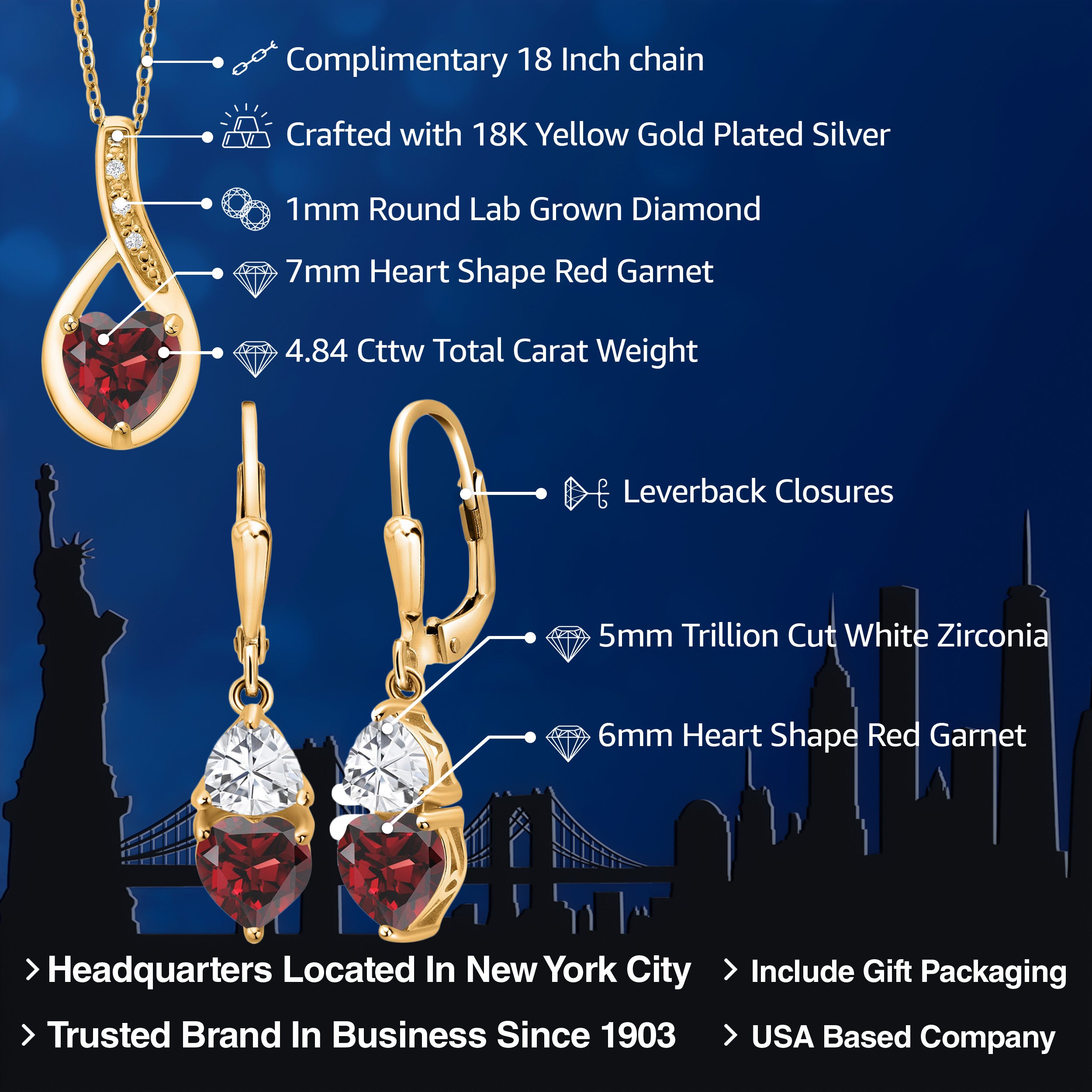Pendant Earrings Set in 925 Yellow Gold Plated Silver