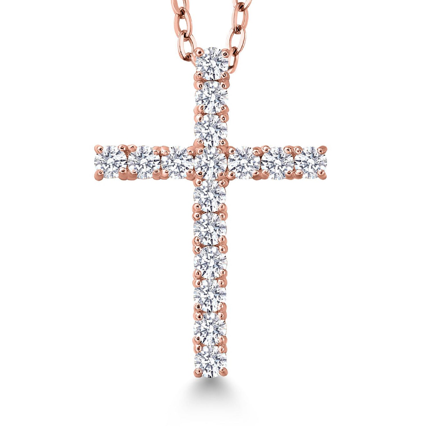 0.70 Ct White Lab Grown Diamond 18K Rose Gold Plated Silver Cross Pendant Necklace for Women with 18 Inch Chain