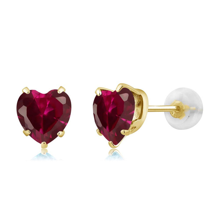 10K Yellow Gold Red Created Ruby Stud Earrings For Women Men 1.92 Cttw, Heart Shape 6MM