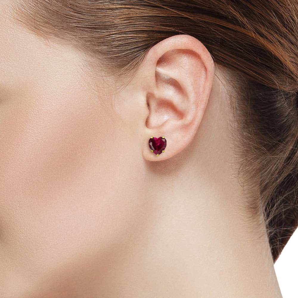 10K Yellow Gold Red Created Ruby Stud Earrings For Women Men 1.92 Cttw, Heart Shape 6MM