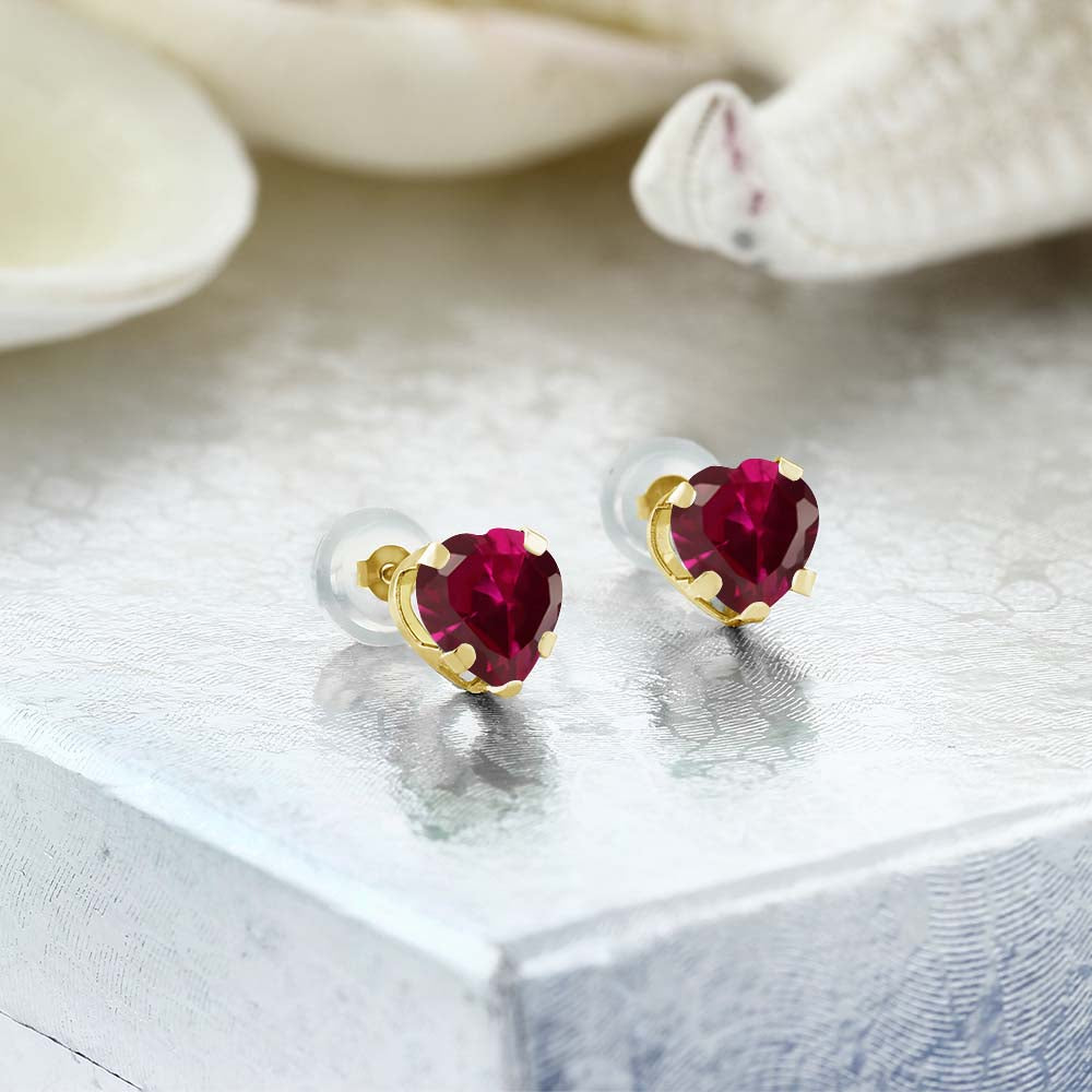 10K Yellow Gold Red Created Ruby Stud Earrings For Women Men 1.92 Cttw, Heart Shape 6MM