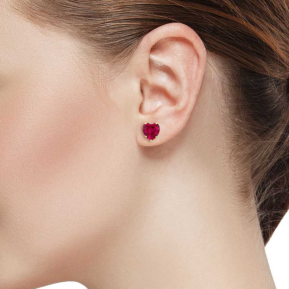 10K Yellow Gold Red Created Ruby Stud Earrings For Women Men 1.92 Cttw, Heart Shape 6MM