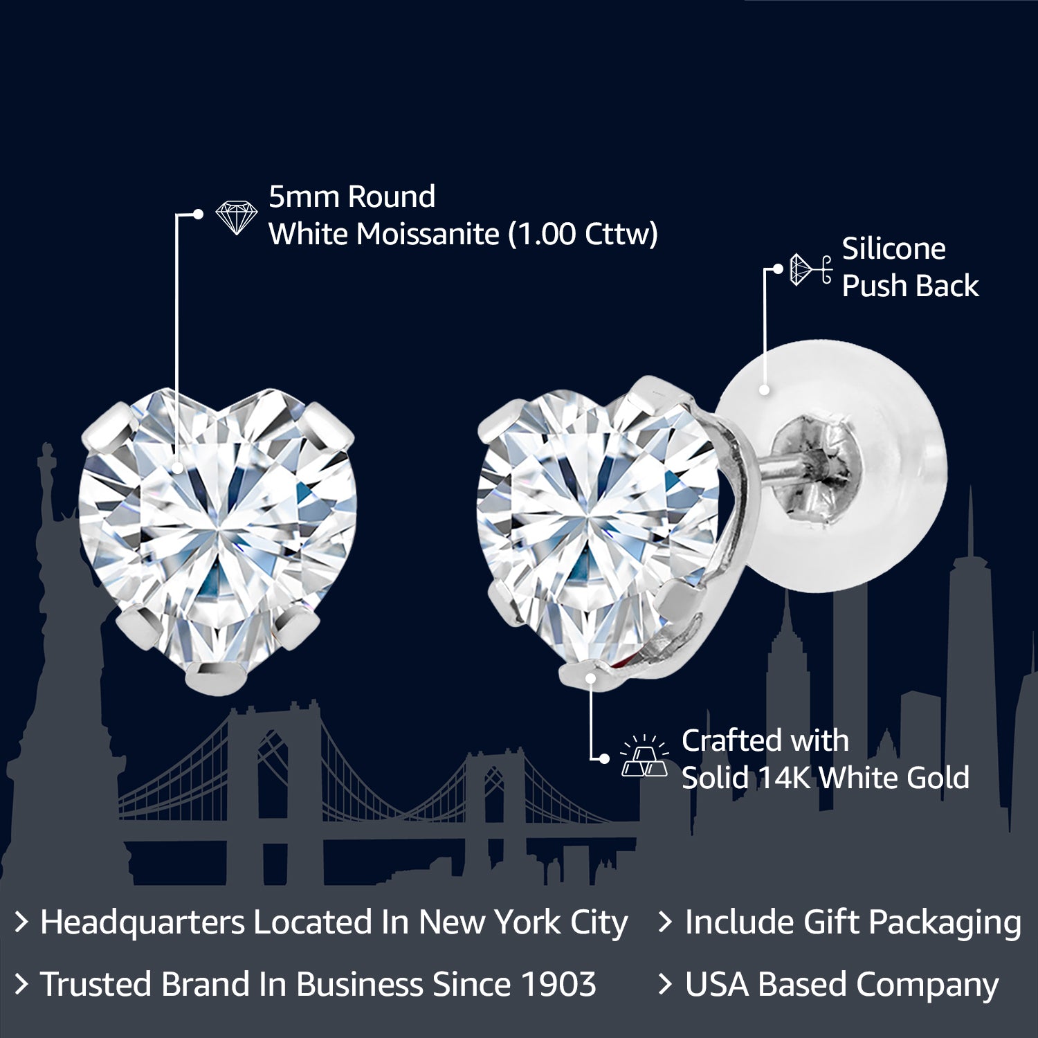 14K White Gold Moissanite From Charles & Colvard Stud Earrings For Women Men (1.00 Cttw, Heart Shape 5MM)