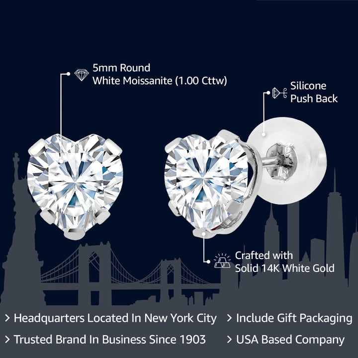 14K White Gold Moissanite From Charles & Colvard Stud Earrings For Women Men (1.00 Cttw, Heart Shape 5MM)