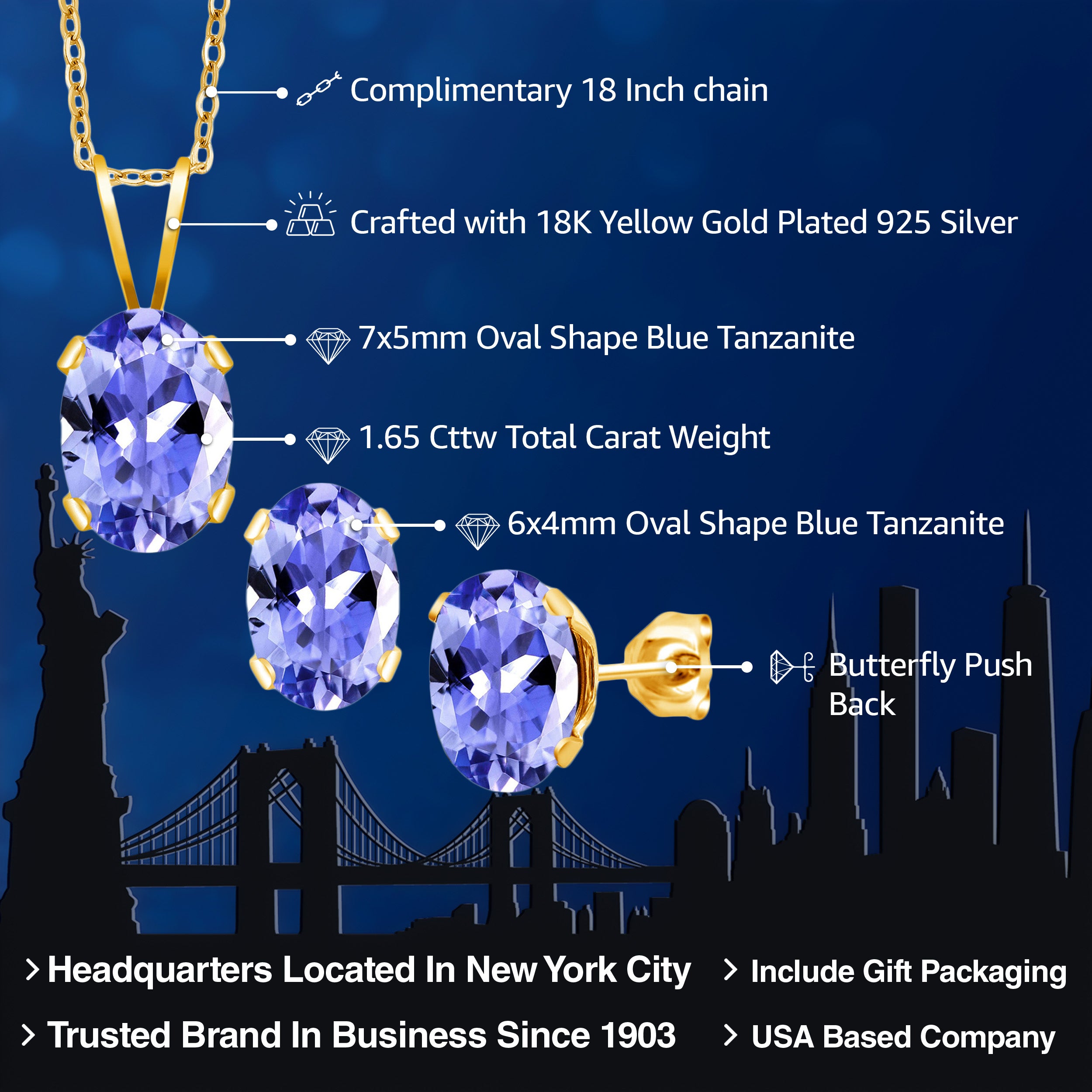 Pendant Earrings Set in 925 Yellow Gold Plated Silver