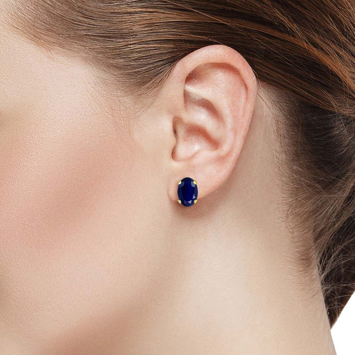 14K Yellow Gold Blue Sapphire Stud Earrings For Women Men (2.04 Cttw, Gemstone Birthstone, Oval 7X5MM)