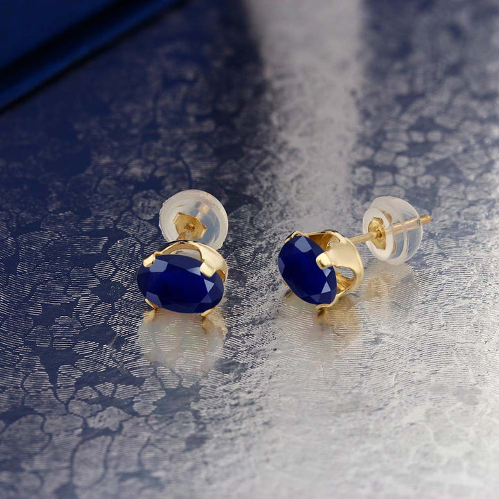 14K Yellow Gold Blue Sapphire Stud Earrings For Women Men (2.04 Cttw, Gemstone Birthstone, Oval 7X5MM)