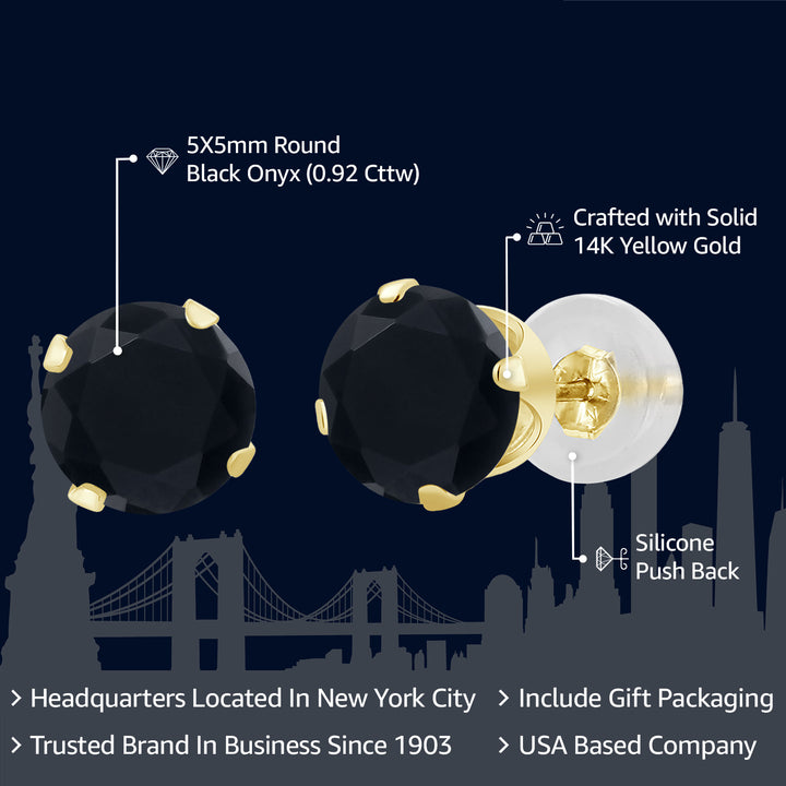 14K Yellow Gold Black Onyx Stud Earrings For Women Men (0.92 Cttw, Gemstone Birthstone, Round 5MM)