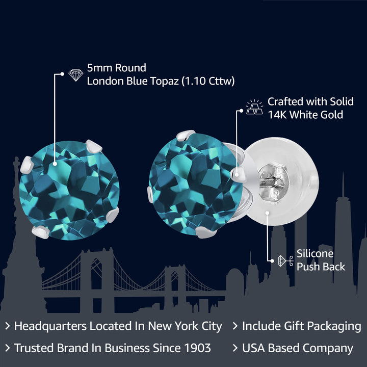 14K White Gold Round Cut London Blue Topaz Stud Earrings For Women Men (1.10 Cttw, Gemstone Birthstone, Round 5MM)