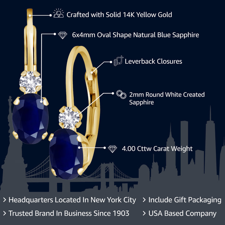 14K Yellow Gold Blue Sapphire and White Created Sapphire Leverback Earrings For Women | 1.18 Cttw | Gemstone September Birthstone | Oval 6X4MM, Round 2MM | 3/4 Inch