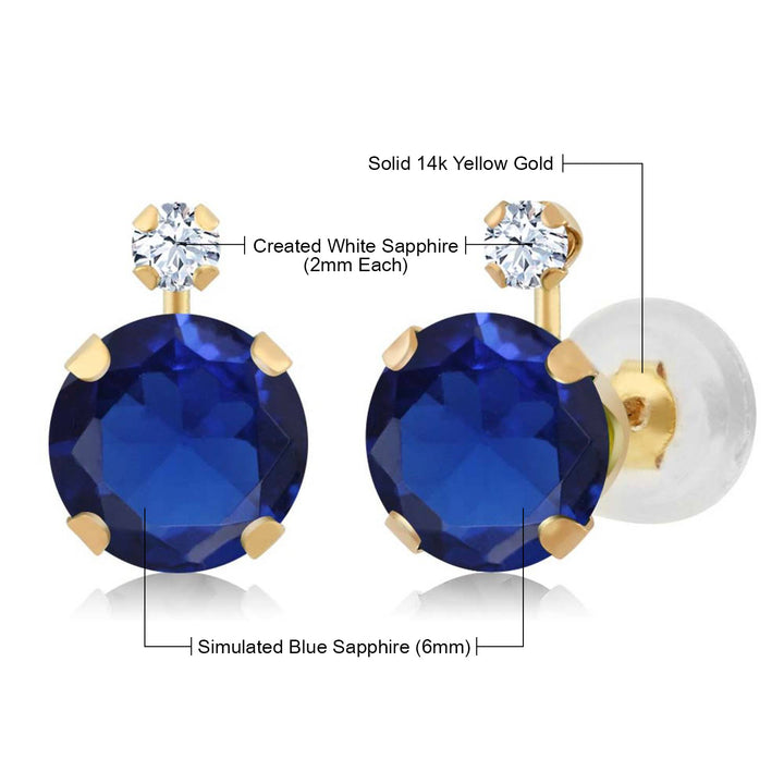 14K Yellow Gold Blue and White Created Sapphire Jewelry Earrings For Women (2.08 Cttw, Round 6MM+2MM)