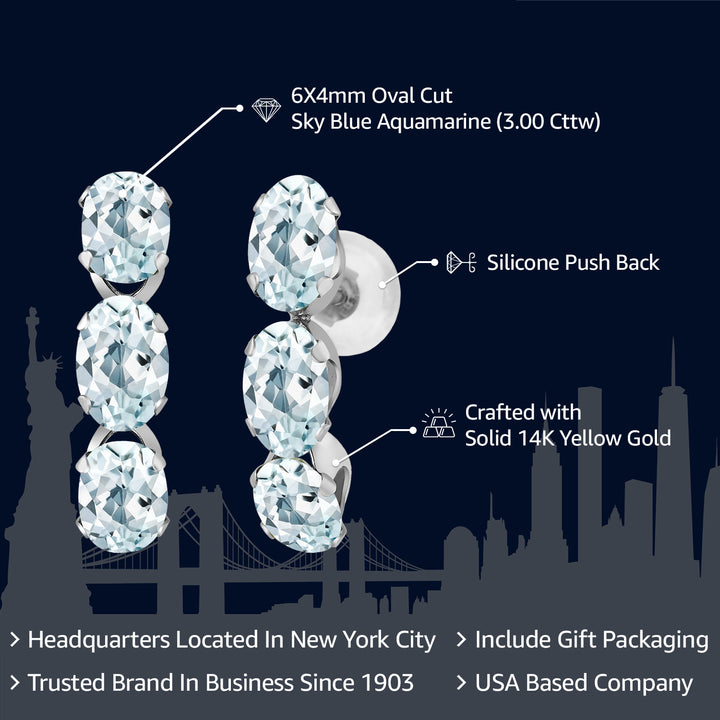 14K White Gold Sky Blue Aquamarine Hoop Earrings For Women (3.00 Cttw, Gemstone Birthstone, Oval 6X4MM)